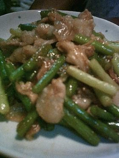 A picture of My Family's Pork and Garlic Shoot Stir-Fry.