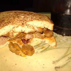 Sausage and bacon sandwich A picture of Sausage and bacon sandwich.