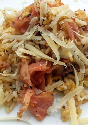 A picture of Ham And Egg With Cheese Fried Rice.