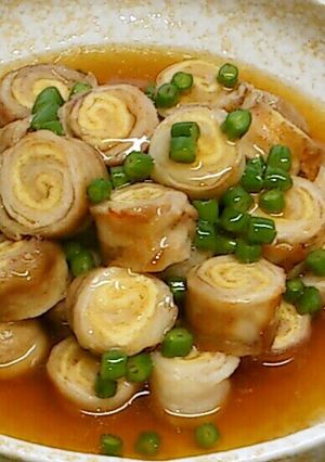 A picture of Fried Pork and Aburaage Spirals with Ankake Thick Sauce.