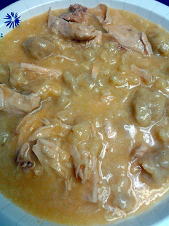 A picture of chicken and homemade dumplings.