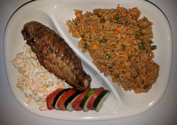 Jollof rice,fried turkey and coleslaw