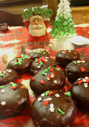 A picture of sunshine 's christmas chocolate peanutbutter cookies.