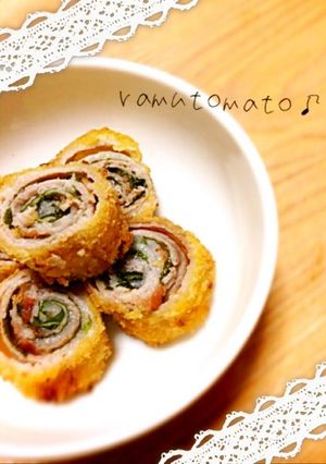 A picture of For Bentos Fried Pork Belly Wraps with Umeboshi and Shiso Leaves *ॣ∗.