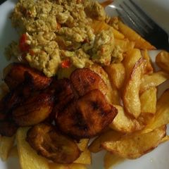 A picture of Irish and plaitain with scramble eggs.