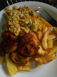 A picture of Irish and plaitain with scramble eggs.