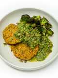 Hake and Potato Fish Cakes with Green Pepper–Herb Salsa