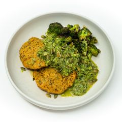 A picture of Hake and Potato Fish Cakes with Green Pepper–Herb Salsa.