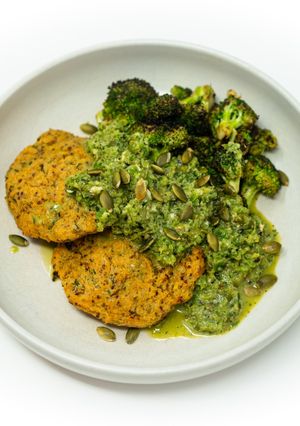 A picture of Hake and Potato Fish Cakes with Green Pepper–Herb Salsa.