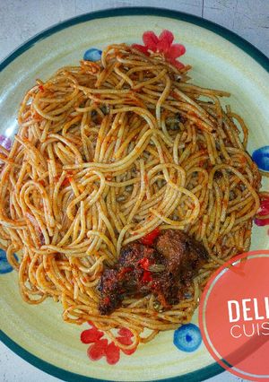 A picture of Jollof spaghetti 🍝.