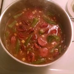 A picture of Chicken and sausage gumbo.