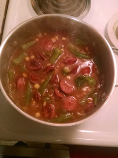 A picture of Chicken and sausage gumbo.