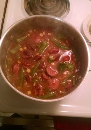 A picture of Chicken and sausage gumbo.