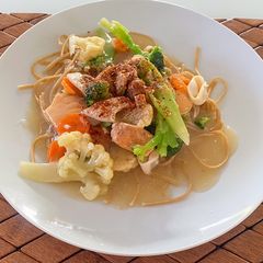 A picture of Whole-wheat Linguine With Seafood in Gravy Sauce.