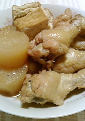A picture of Simmered Chicken Drumettes, Daikon, and Atsuage Tofu.