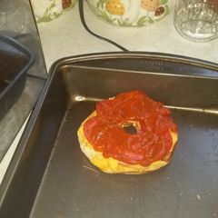Beer cheese pizza bagels A picture of Beer cheese pizza bagels.