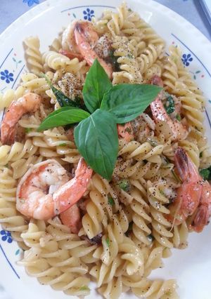 A picture of Jari's shrimp marinated beer pasta.