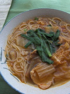 A picture of Somen Noodles in Soup with Pork and Kimchi.