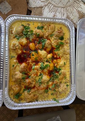 A picture of Pakora KadhiPakora Kadhi is a tangy yogurt base curry which has deep fried pakoda (fritters).