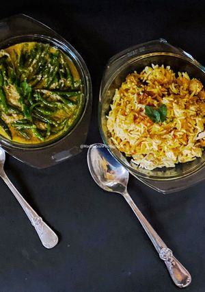 A picture of Hyderabadi style Soya Nuggets ki Biryani and Safed Mirchi ki Salan.
