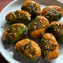 A picture of Teriyaki Shiso (Perilla) Wrapped Chicken Patties.