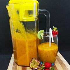 Mango, kiwi fruit, passion fruit and strawberry juice A picture of Mango, kiwi fruit, passion fruit and strawberry juice.