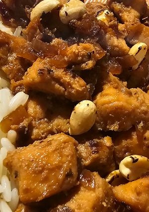 Una foto de Pollo agridulce con jengibre y albahaca #sinsal