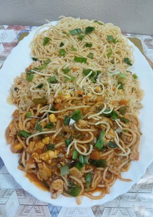 A picture of American chopsuey with fried rice.