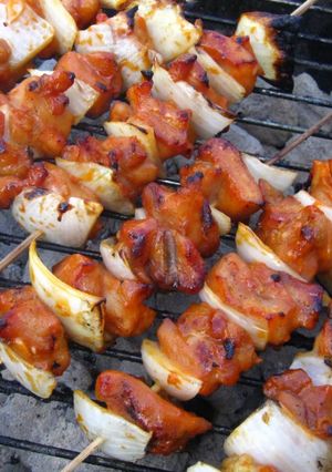 A picture of Dak Bulgogi (Korean Style Spicy Chicken) Kabobs.