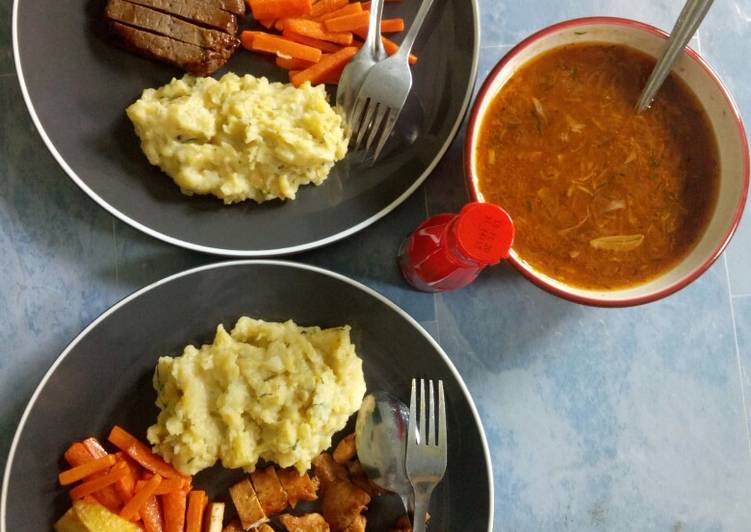 Chicken steak & beef steak with brown sauce and mashed potato