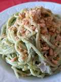 Chitarra Pasta with Broccoli Cream, Speck, and Crushed Taralli