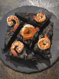 Squid Ink Focaccia with Pumpkin Seeds and Prawns with Poppy Seeds and Sichuan Pepper