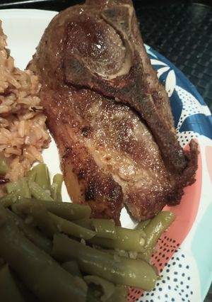 A picture of Seared Pork in a cast iron skillet/ The belly buster.