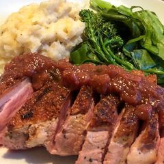 Holiday inspired pan fried duck with celeriac mash and fig sauce A picture of Holiday inspired pan fried duck with celeriac mash and fig sauce.