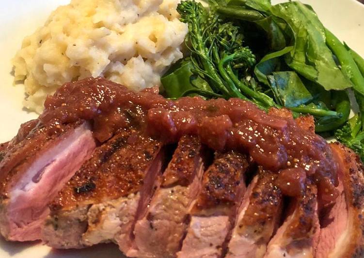 Holiday inspired pan fried duck with celeriac mash and fig sauce