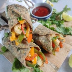 Multigrain methi thepla roll with bell pepper & paneer stuffing A picture of Multigrain methi thepla roll with bell pepper & paneer stuffing.