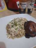 Risotto con cerveza y pollo laqueada con salsa de soja