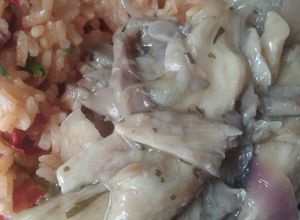Una foto de Hongos "ostra" al vino con arroz de pimentón rojo. (Parte 1: Los Hongos)