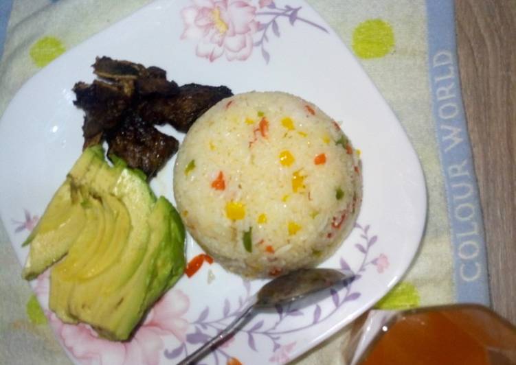 Fried rice,ovacado and baked beef
