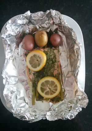 A picture of Pesto Salmon and Asparagus in Foil.