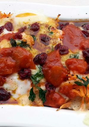 A picture of Baked cheesy breakfast(carrot and eggs)meatless.