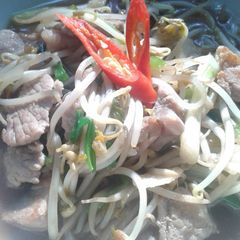 Pork stir fry with bean sprouts A picture of Pork stir fry with bean sprouts.