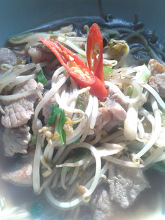 A picture of Pork stir fry with bean sprouts.