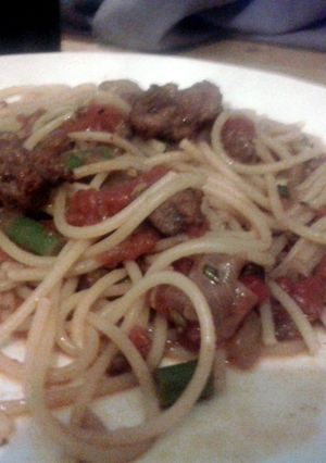 A picture of spicy sausage pasta.