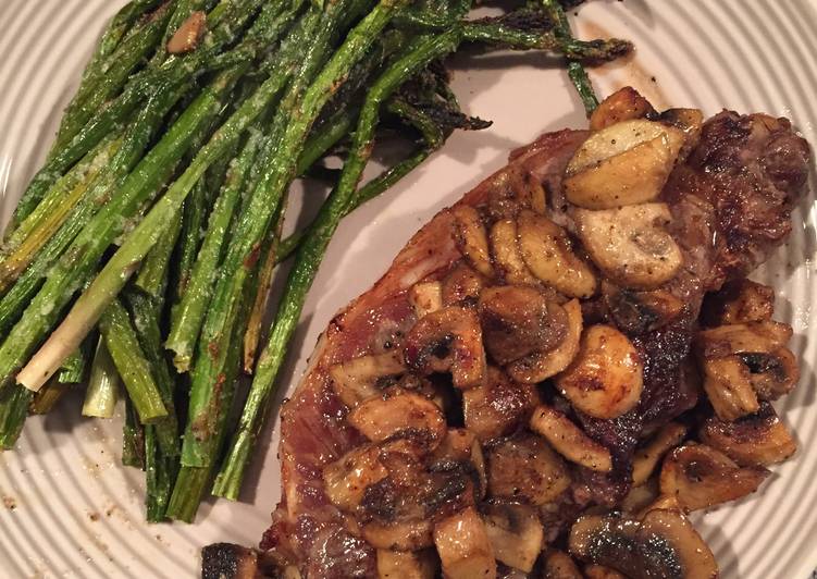 Steps to Make Super Quick Homemade NY Strip Steak, Asparagus And Mushrooms