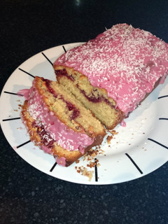 A picture of Coconut and raspberry loaf cake.