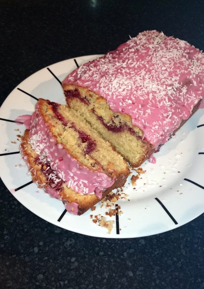 A picture of Coconut and raspberry loaf cake.