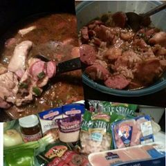 A picture of chicken shrimp and sausage gumbo.