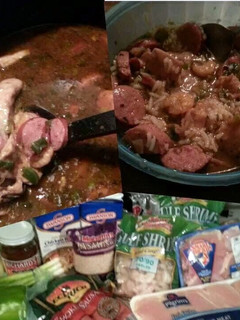 A picture of chicken shrimp and sausage gumbo.