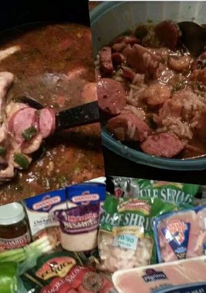 A picture of chicken shrimp and sausage gumbo.